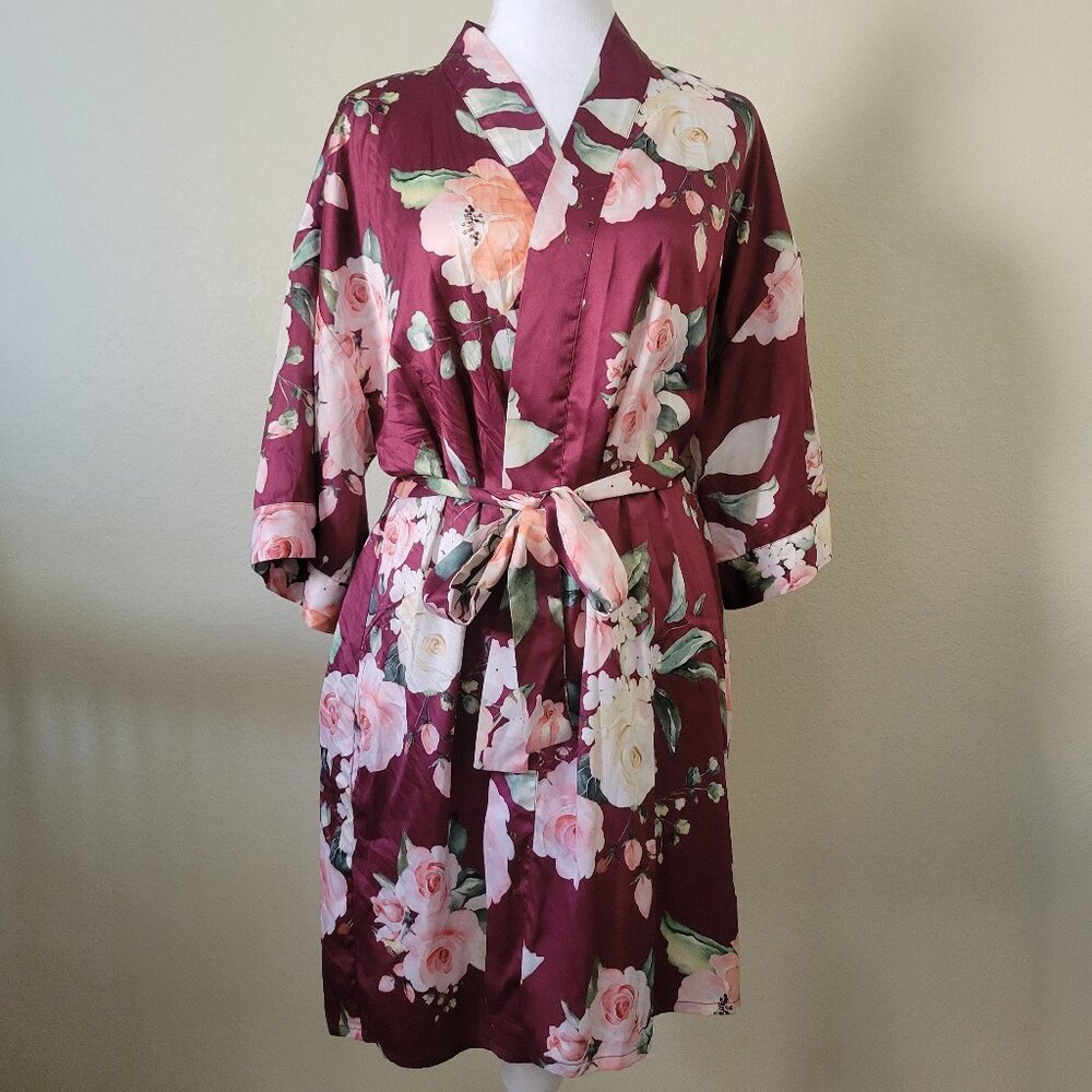Wine Red Burgundy Maroon Floral Robe WITH POCKETS (size Small)